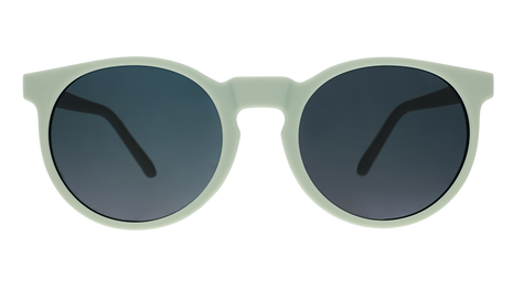 Front view of the Goodr Incognito Plant Parent sunglasses with round sage green frames and dark lenses