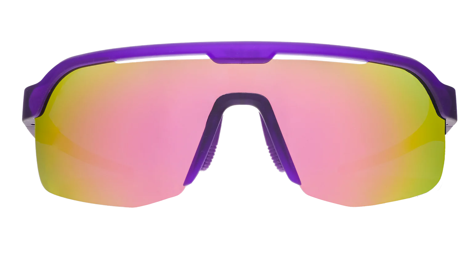 Tentacle Tag Champion by Goodr in purple shield frame with light pink reflective lenses, half-rim sunglasses for athletic outdoor use