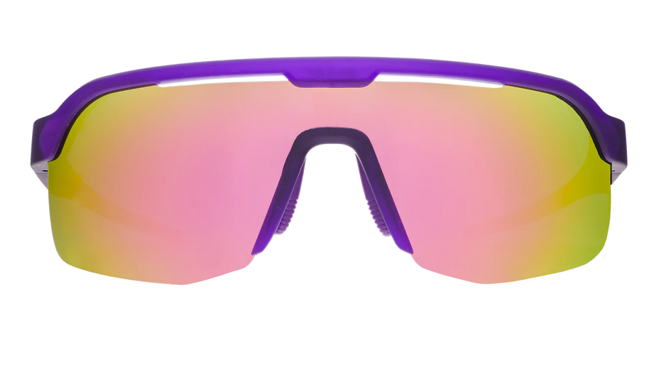 Tentacle Tag Champion by Goodr in purple shield frame with light pink reflective lenses, half-rim sunglasses for athletic outdoor use
