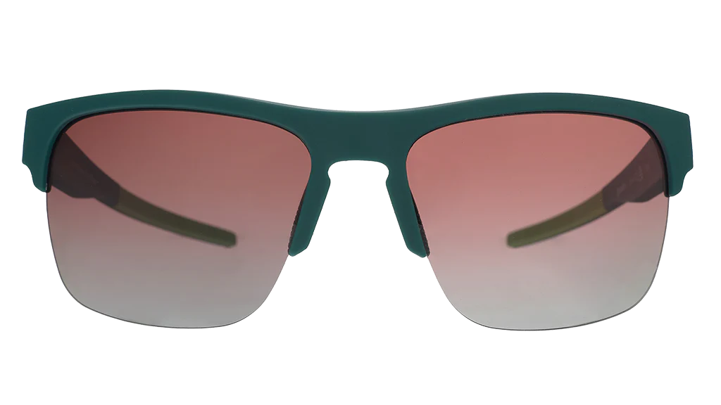 Lawn Mower Drag Race by Goodr solid green sunglasses with rose gradient lenses and adjustable nose piece for outdoor wear