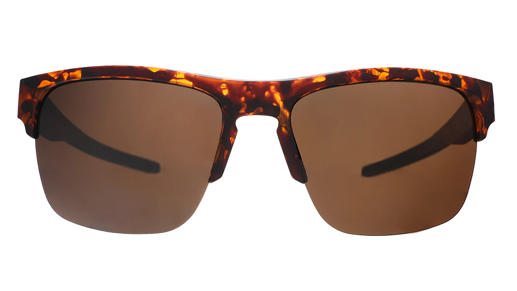 Country Club Crasher sunglasses by Goodr in brown tortoiseshell, half-rim dual-lens wrap frame with adjustable nose piece for stylish outdoor wear