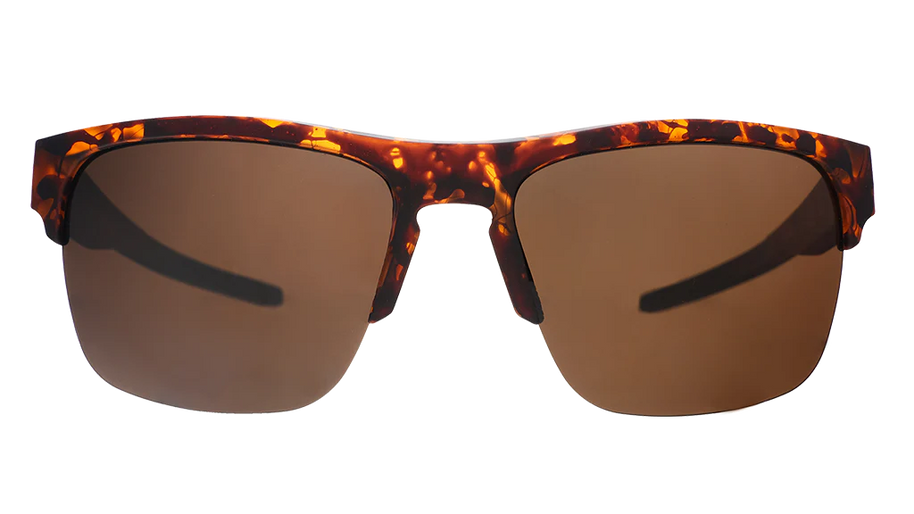 Country Club Crasher sunglasses by Goodr in brown tortoiseshell, half-rim dual-lens wrap frame with adjustable nose piece for stylish outdoor wear
