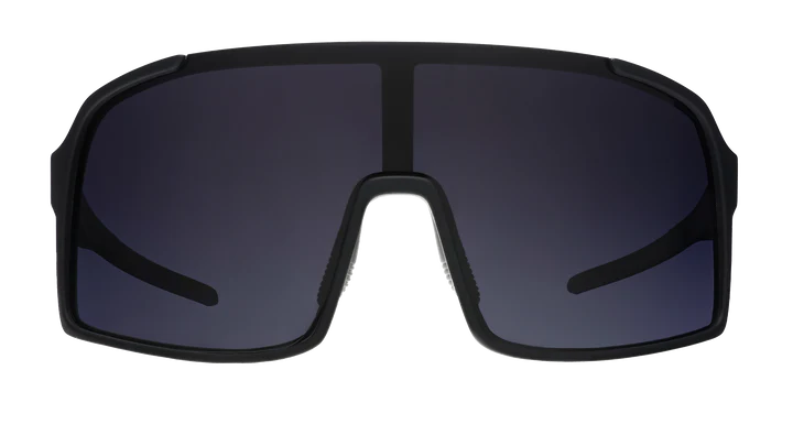 My Sweat Has an Octane Rating by Goodr, black shield sunglasses with black gradient lenses, designed for intense gym workouts and running