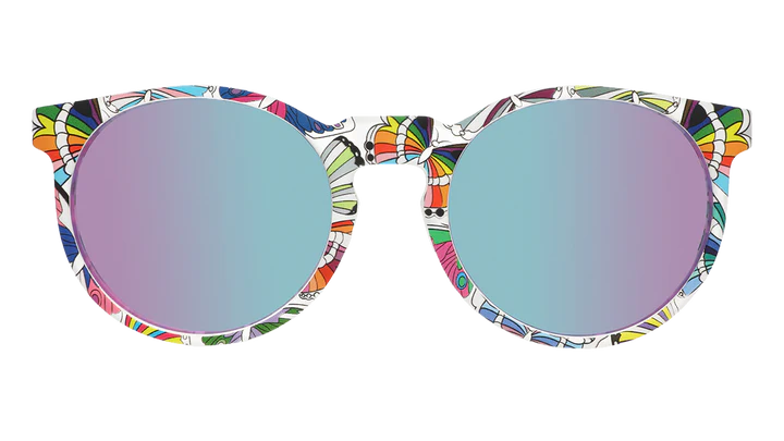 Not A Phase, A Transformation by Goodr, clear frame with purple lenses and rainbow butterfly design, sunglasses for pride and outdoor use