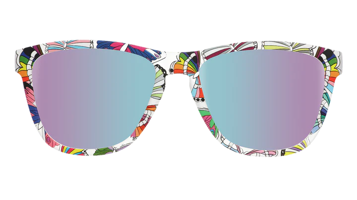 Is It Queer In Here Or Is It Just Us?! by Goodr with clear frames featuring colorful LGBTQ+ butterflies and purple lenses for Pride celebration