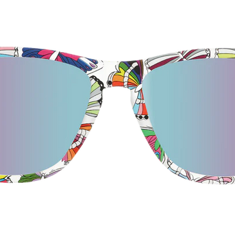 Is It Queer In Here Or Is It Just Us?! by Goodr with clear frames featuring colorful LGBTQ+ butterflies and purple lenses for Pride celebration