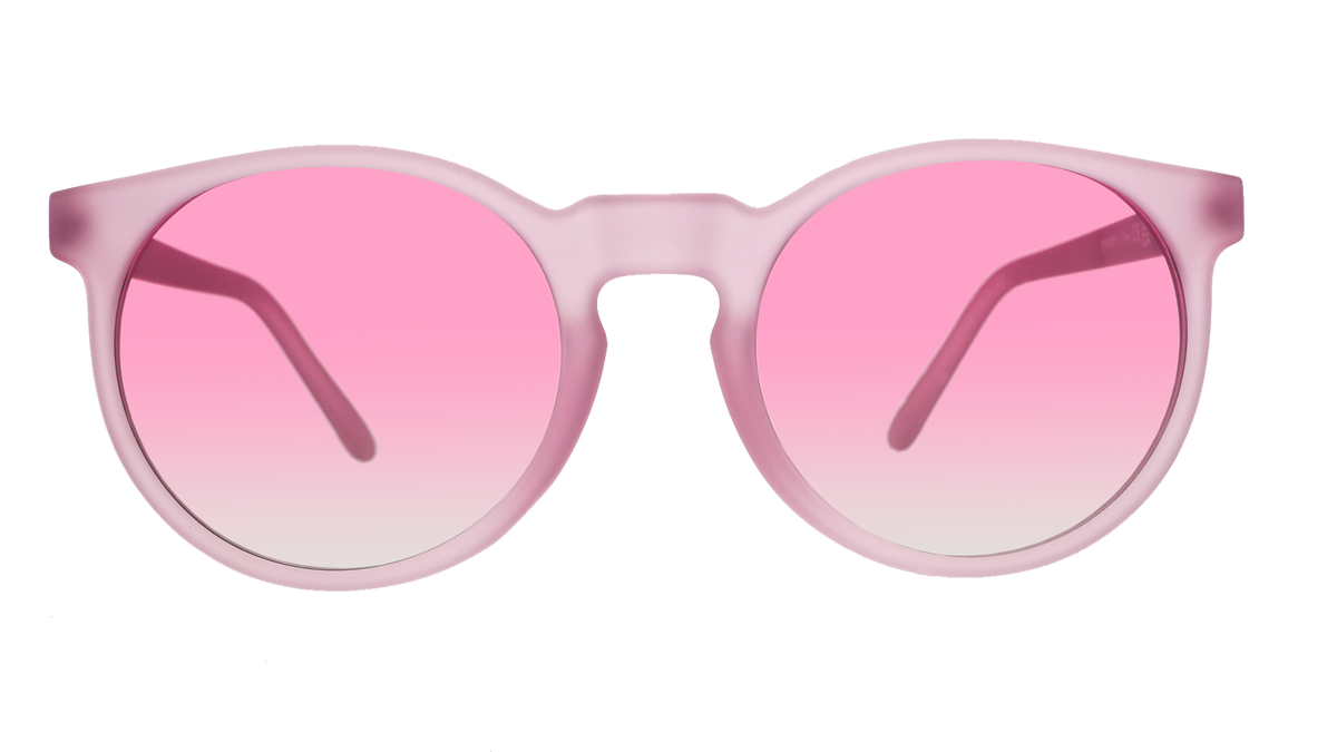 Front view of the Goodr Mauve Mood Board sunglasses with round frosted pink frames and pink lenses