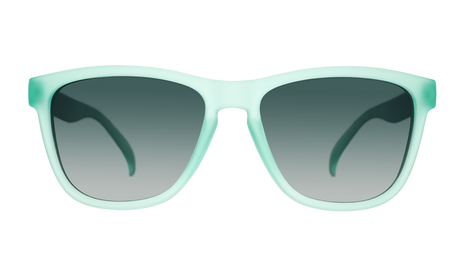 Front view of the Goodr Dinner Mint Debauchery sunglasses with frosted mint green frames and grey gradient lenses