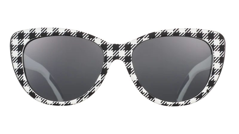 Gingham Is Sooo Last Season by Goodr, polarized cateye sunglasses in black and white gingham, midsize for outdoor use