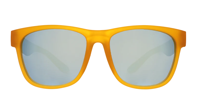 Gold Digging With Sasquatch by Goodr in matte yellow with reflective lenses, stylish glasses for outdoor gold digging and adventures