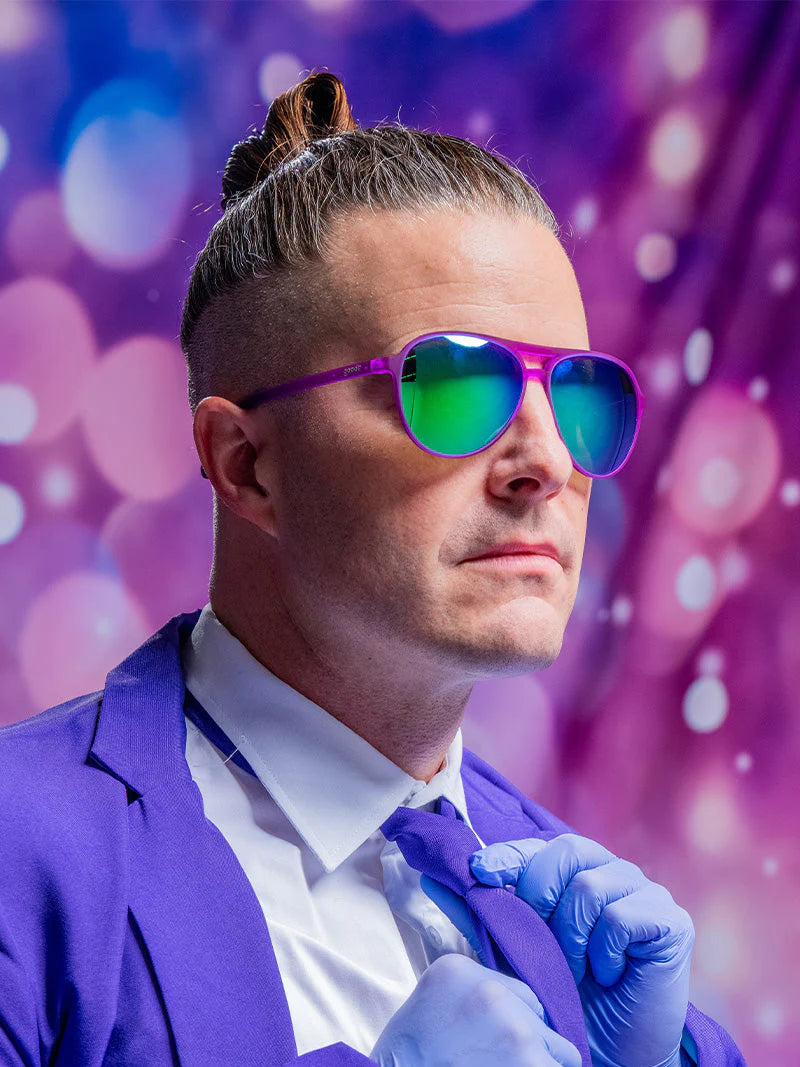 It's Octopuses, Not Octopi sunglasses by Goodr in purple with green lenses, stylish glasses for USA-based wear and outdoor use
