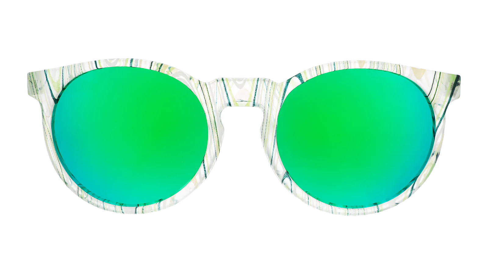 Marble Arts Master by Goodr with glossy green translucent marble frames and green polarized lenses for no-slip outdoor use