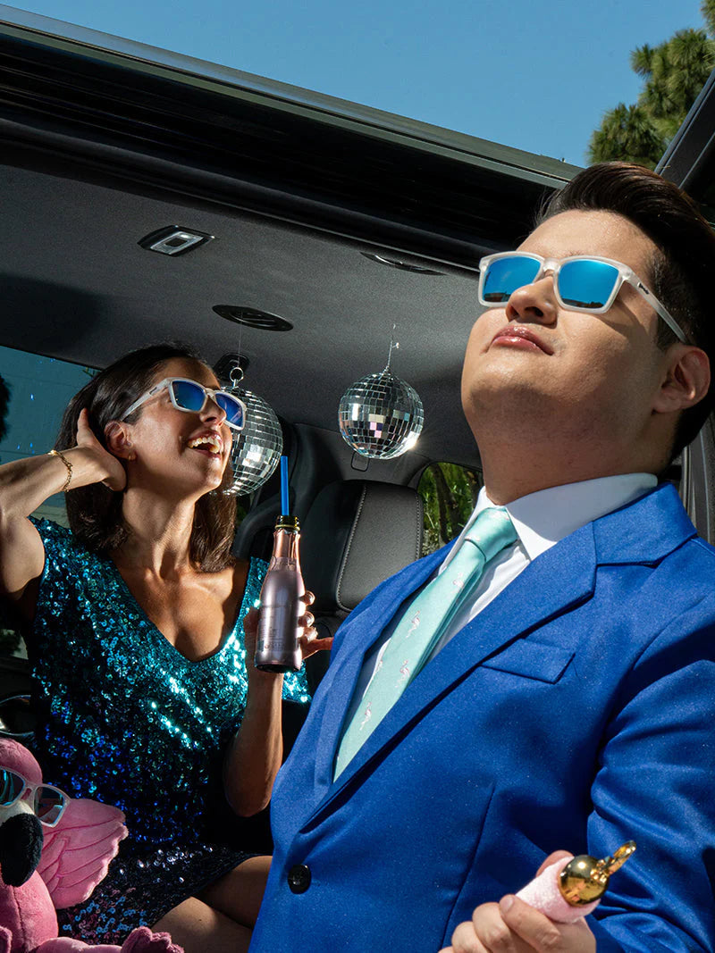 Middle Seat Advantage by Goodr in clear frame and blue mirrored lenses, slim fit sunglasses with glare reduction for smaller faces and outdoor use