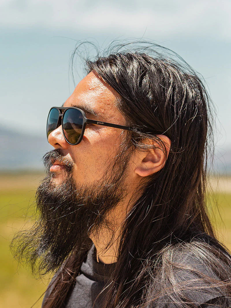 Operation Blackout by Goodr in all black, Mach G aviator sunglasses with sleek design perfect for casual wear and outdoor use