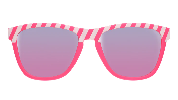 Road Twerk Ahead by Goodr in electric pink with hazard stripe design and rose reflective lenses, fun glasses for outdoor use
