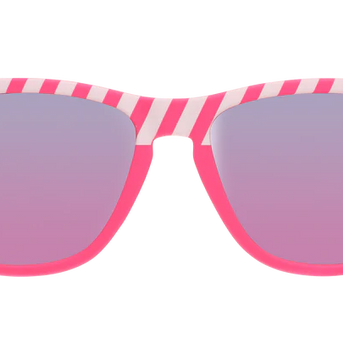 Road Twerk Ahead by Goodr in electric pink with hazard stripe design and rose reflective lenses, fun glasses for outdoor use