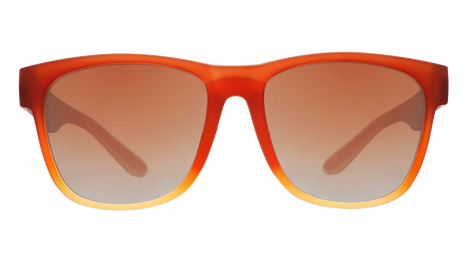 Wake & Bacon by Goodr in crispy brown frames with brown gradient polarized lenses, bacon-themed sunglasses with custom packaging