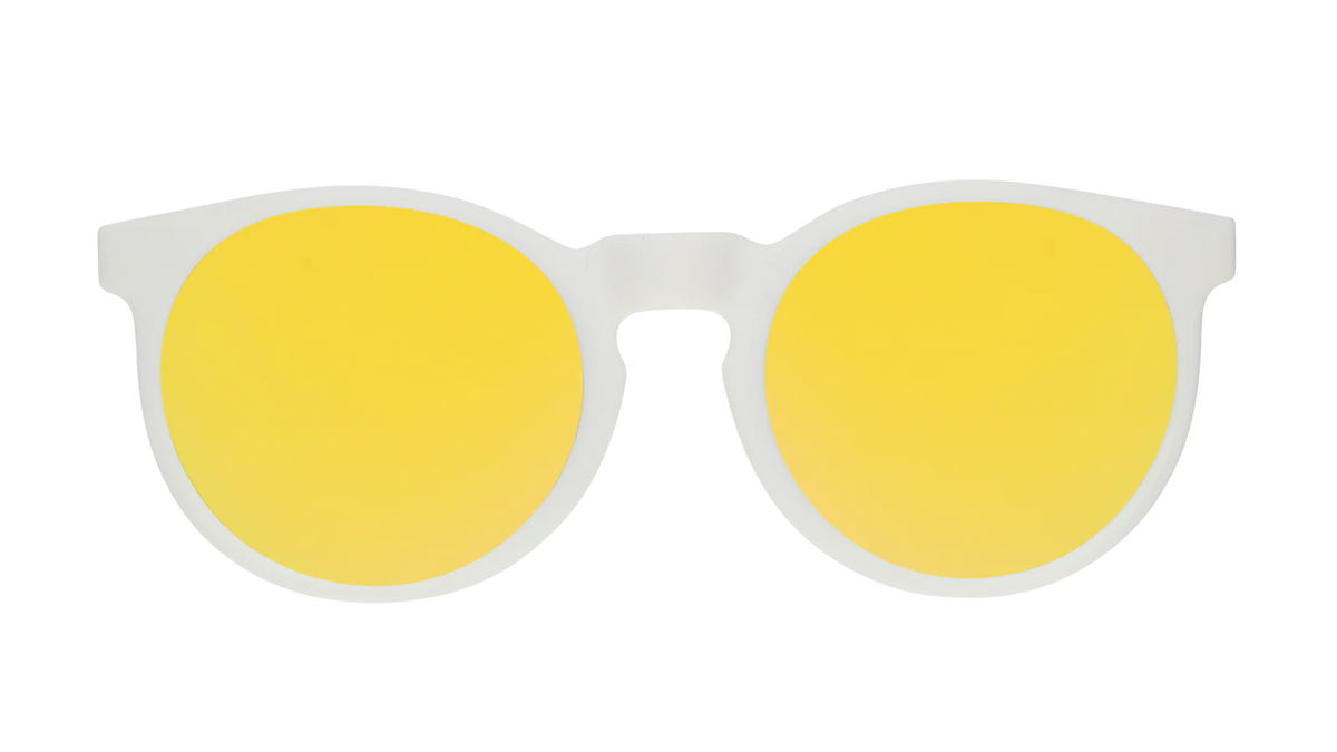 Yolk's On You by Goodr white frame sunglasses with gold reflective polarized lenses, designed for sunny outdoor comfort and style