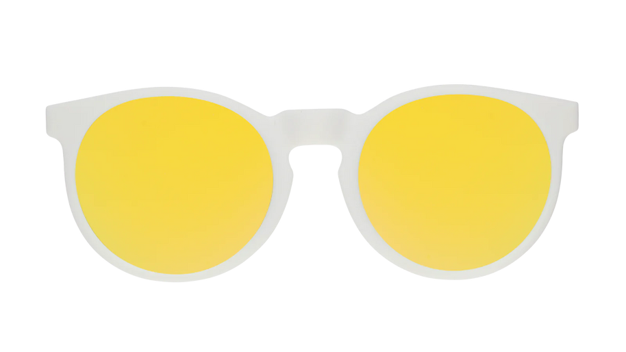 Yolk's On You by Goodr white frame sunglasses with gold reflective polarized lenses, designed for sunny outdoor comfort and style