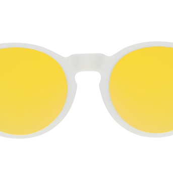 Yolk's On You by Goodr white frame sunglasses with gold reflective polarized lenses, designed for sunny outdoor comfort and style