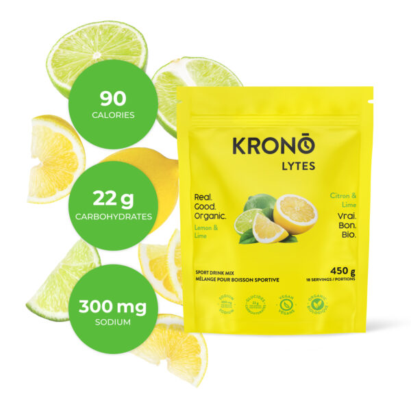 Lemon & Lime Sport Drink Mix by Krono Nutrition in yellow pouch, organic vegan electrolyte mix with carbs and sodium for hydration