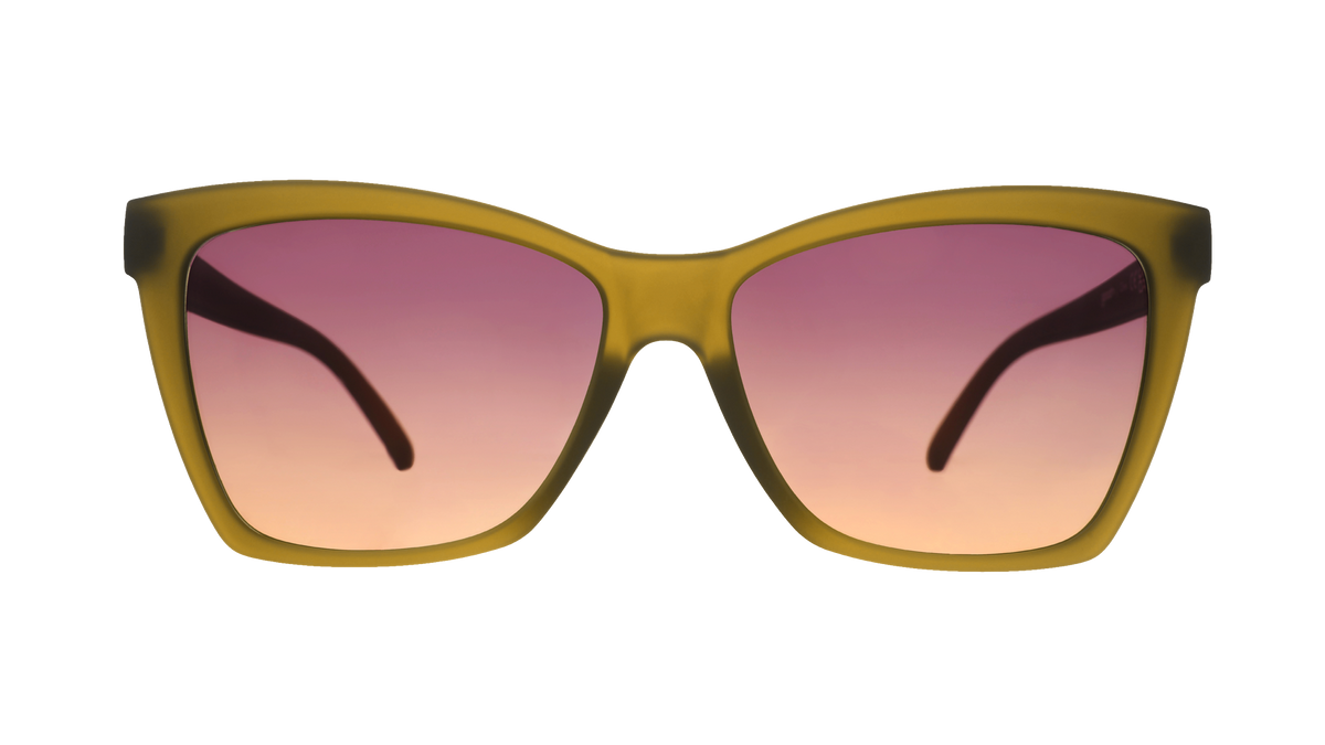 Front view of the Goodr Sunbaked Sorcery sunglasses with translucent olive frames and gradient lenses