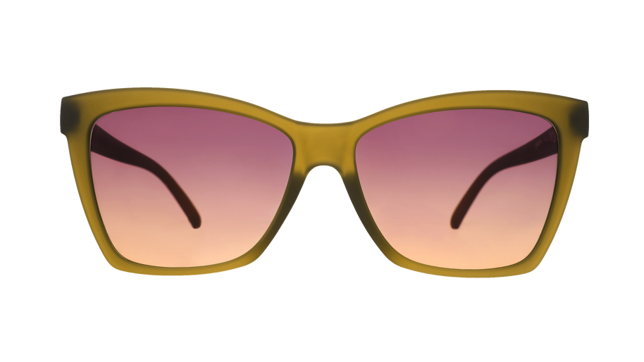 Front view of the Goodr Sunbaked Sorcery sunglasses with translucent olive frames and gradient lenses