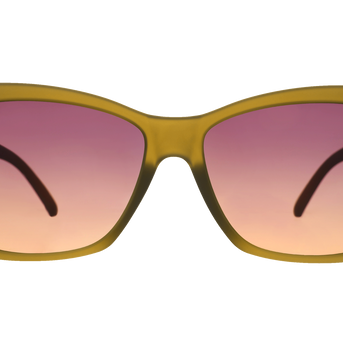 Front view of the Goodr Sunbaked Sorcery sunglasses with translucent olive frames and gradient lenses