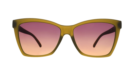 Front view of the Goodr Sunbaked Sorcery sunglasses with translucent olive frames and gradient lenses