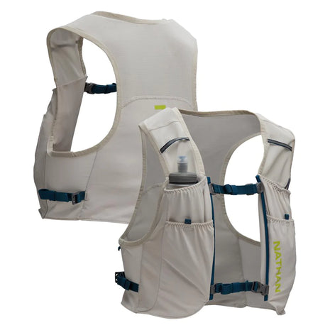 Pinnacle Run Lite Vest by Nathan in light beige with breathable minimalist design, hydration storage for road and trail running training