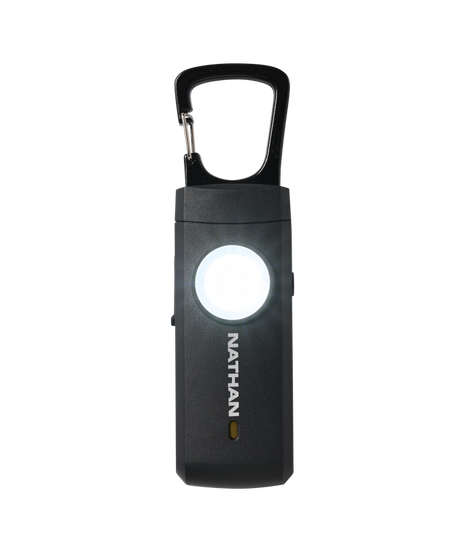 Siren LED Alarm RX by Nathan in black, rechargeable safety alarm with USB-C charging and bright LED for outdoor visibility