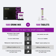 Hydration Powder 1500 Drink Mix and Tablets by Precision Fuel & Hydration, all-natural electrolyte drink in purple packaging for athletic hydration