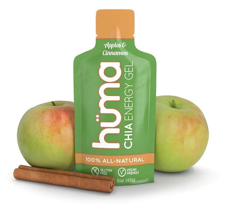 Chia Energy Gel - Apple Cinnamon by Huma in green and orange pouch, all-natural, gluten-free, vegan energy gel with real fruit puree