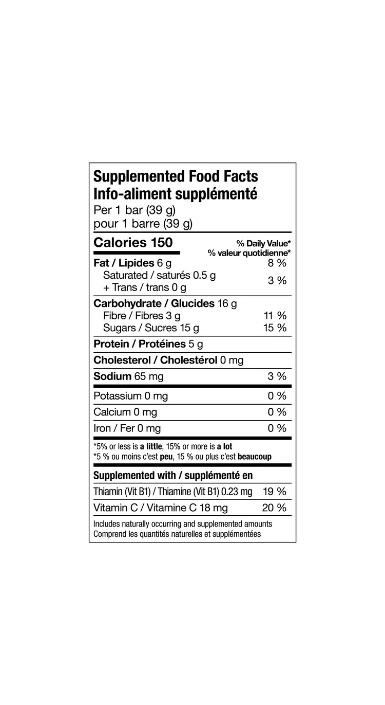 Bilingual nutrition facts label for Xact Endurance Bars, 150 calories per 39 g bar
