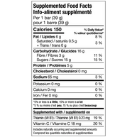 Bilingual nutrition facts label for Xact Endurance Bars, 150 calories per 39 g bar