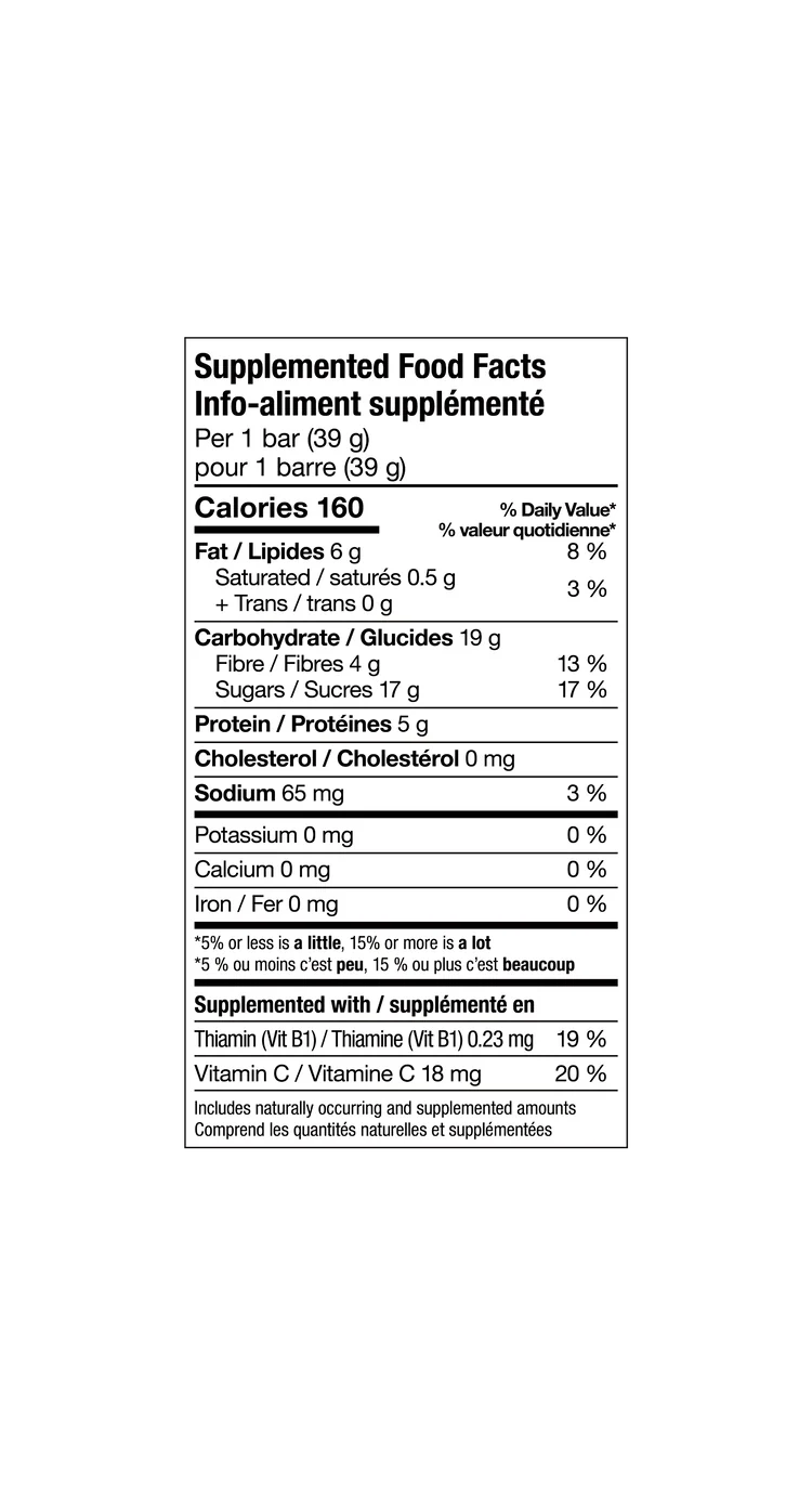 Bilingual nutrition facts label for Xact Endurance Bars, 160 calories per 39 g bar
