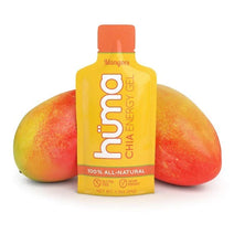 Chia Energy Gel - Mango by Huma in bright orange packaging with real fruit puree, all-natural nutrition gel for running and outdoor use