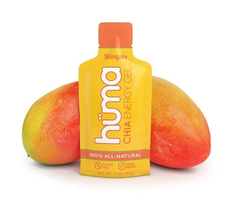 Chia Energy Gel - Mango by Huma in bright orange packaging with real fruit puree, all-natural nutrition gel for running and outdoor use