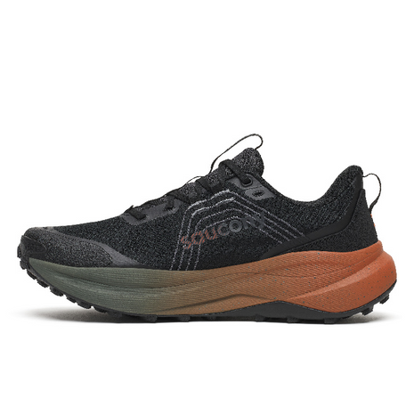Saucony Xodus Ultra 4 men's trail running shoe in Black/Rust, inner side view of black knit upper and rust midsole