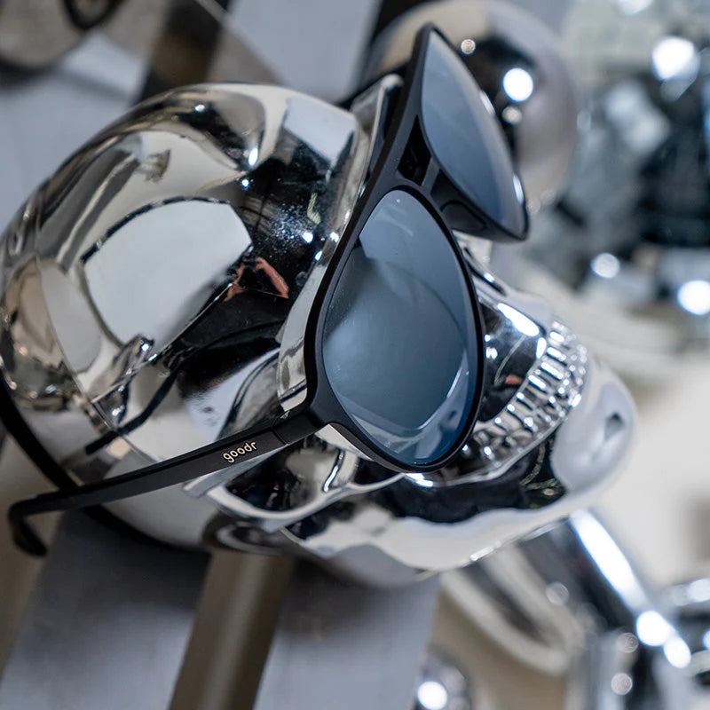Add The Chrome Package by Goodr black aviator sunglasses with polarized reflective silver lenses and UV400 protection for style and comfort