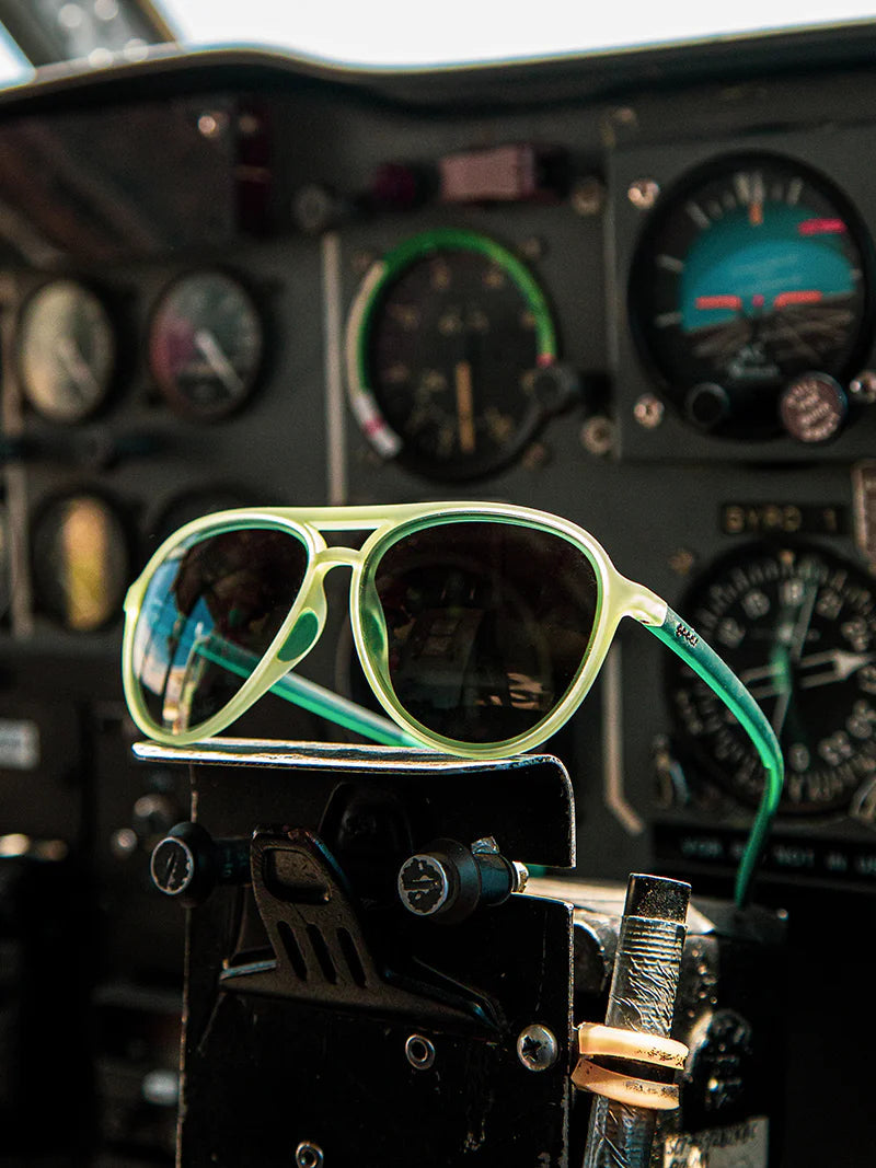 Buzzed On The Tower by Goodr cadet green aviator sunglasses with polarized non-reflective lenses no slip no bounce ideal for outdoors