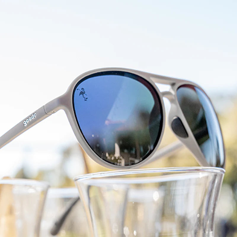 Clubhouse Closeout by Goodr black and gray polarized aviator sunglasses with no slip, no bounce design ideal for golf and active outdoor use