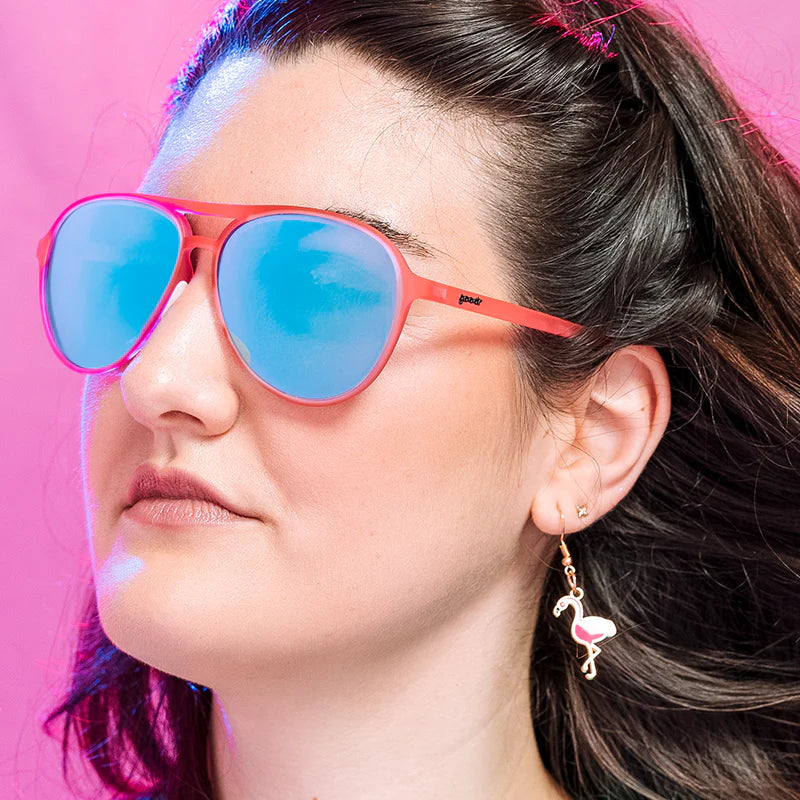 Carl Is My Co-Pilot by Goodr in pink and blue sunglasses with mirrored lenses, stylish accessory for speed and outdoor use