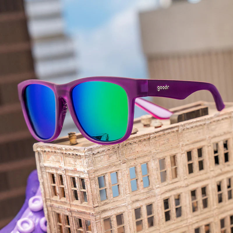 Colossal Squid Confessions by Goodr in purple with green mirrored lenses, lightweight glasses ideal for outdoor use and sporty style