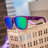 Colossal Squid Confessions by Goodr in purple with green mirrored lenses, lightweight glasses ideal for outdoor use and sporty style