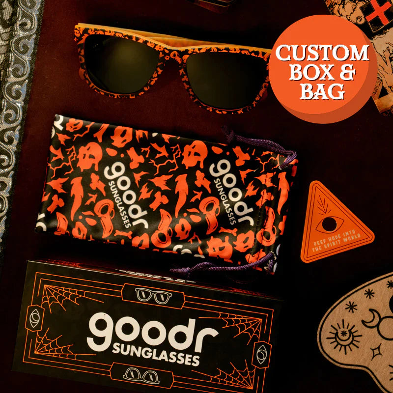 Exercise the Demons!!! by Goodr in black and orange with black lenses, durable glasses with custom box and bag, USA-based sunglasses