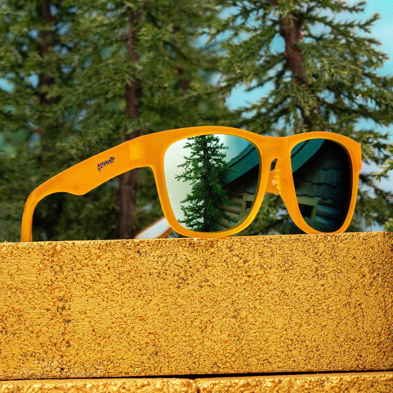 Gold Digging With Sasquatch by Goodr in yellow, lightweight sunglasses with reflective lenses, ideal for outdoor adventures and style