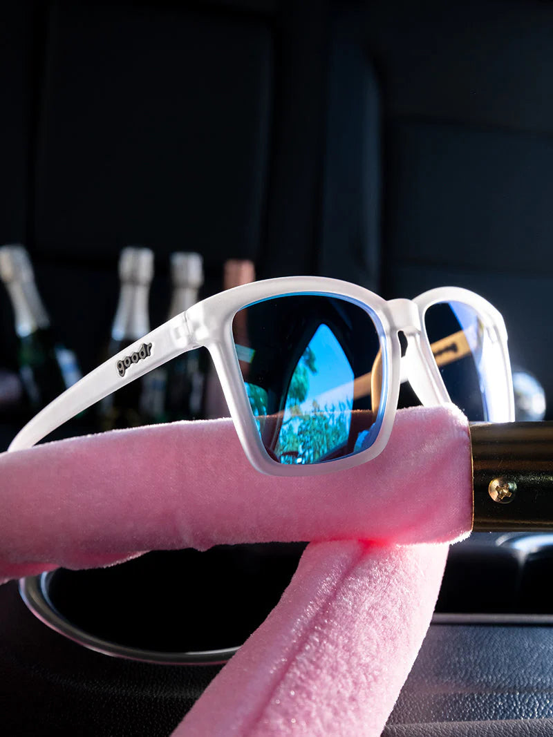 Middle Seat Advantage by Goodr in white with mirrored reflective lenses, slim fit for smaller faces, ideal for running and outdoor use