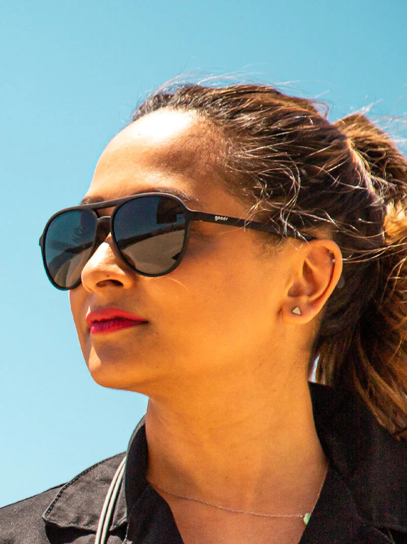 Operation Blackout by Goodr, all black Mach G aviator sunglasses designed for sky force style and bold outdoor wear