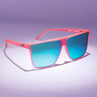 Entourage Sold Separately by Goodr in translucent hot pink with teal reflective lenses, stylish sunglasses for running and outdoor use